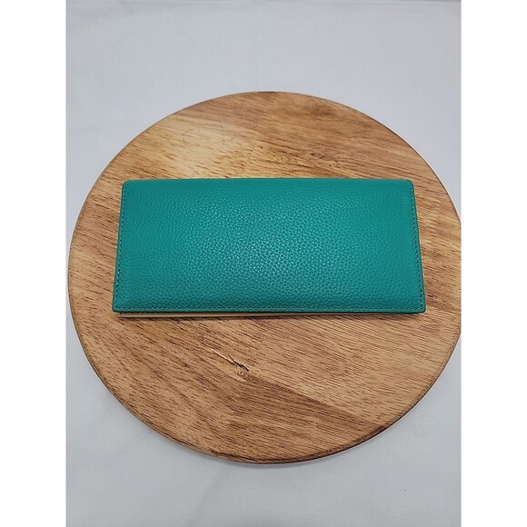 Nordstrom Women’s Teal Pebbled Leather Slim Snap Wallet Credit Card Case Luxury - Picture 1 of 8